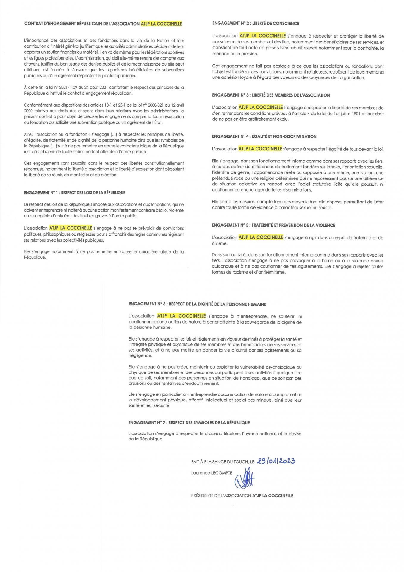 ATJP LA COCCINELLE Contrat engagement républicain
